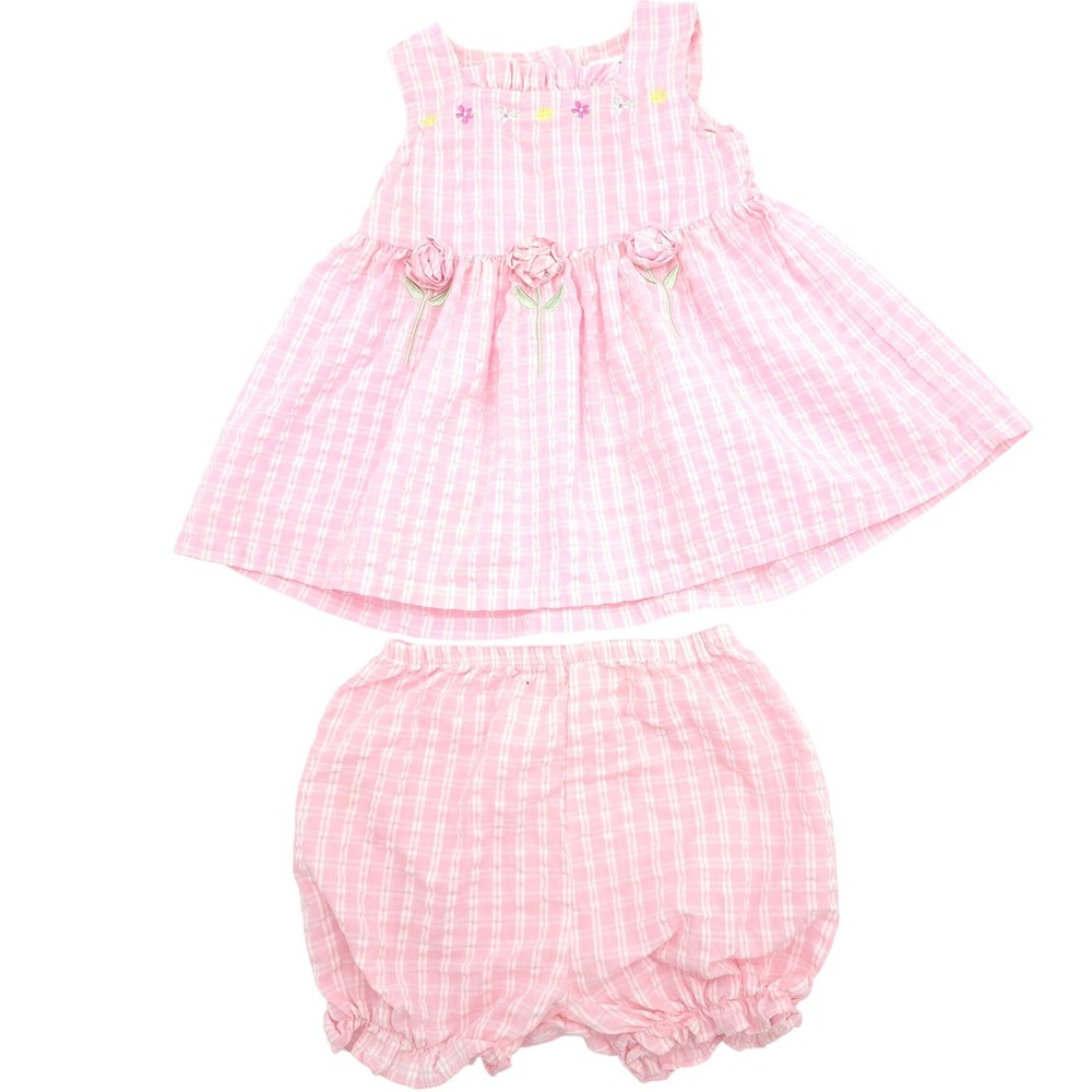 Vintage Thomas Girls Pink Gingham Floral Rose Dress Bloomer Set Size 24M